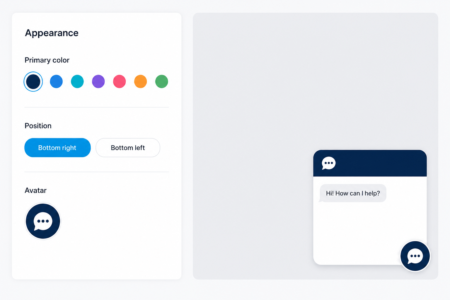 Chatbot appearance and branding configuration panel with live preview