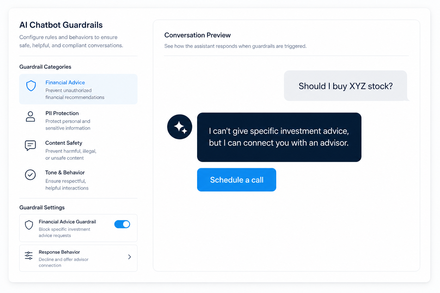 Chatbot declining a sensitive investment question and offering to schedule a call