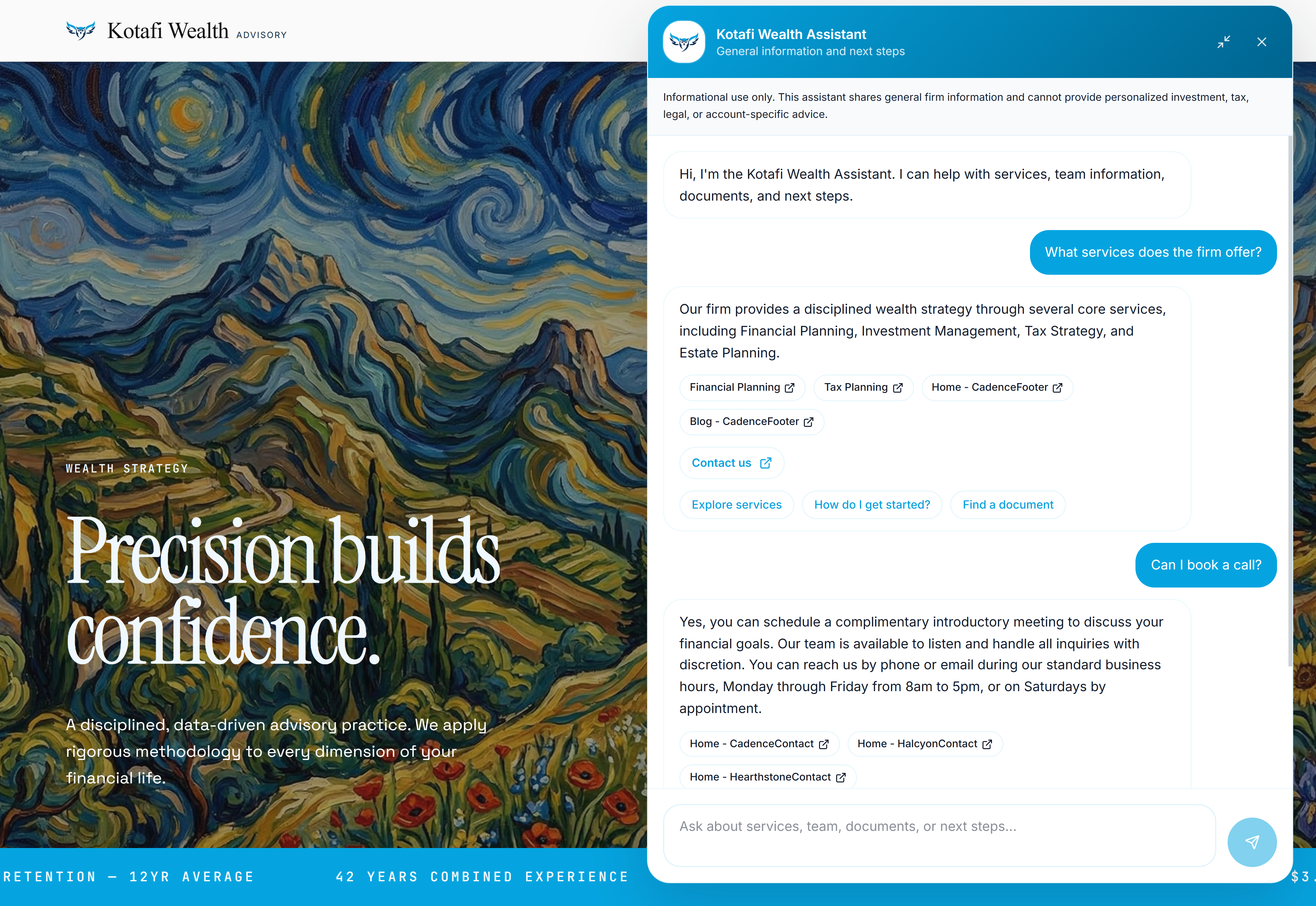 AI chatbot assistant open on a financial advisor website, answering visitor questions with source citations