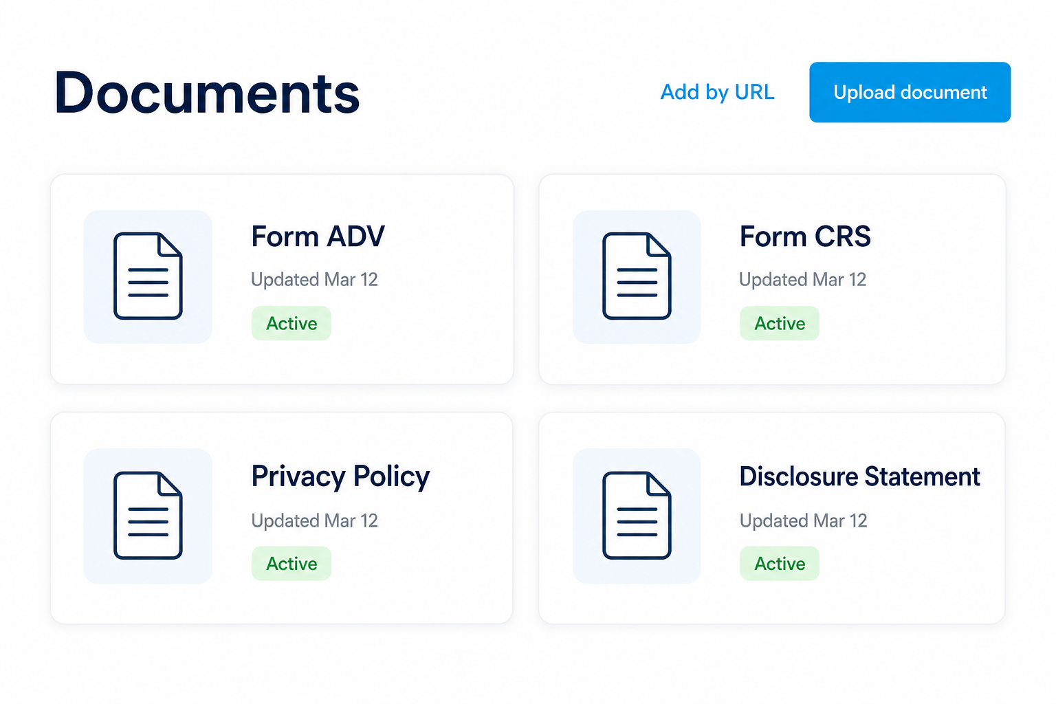 Compliance documents panel showing Form ADV, Form CRS, Privacy Policy with upload and URL options