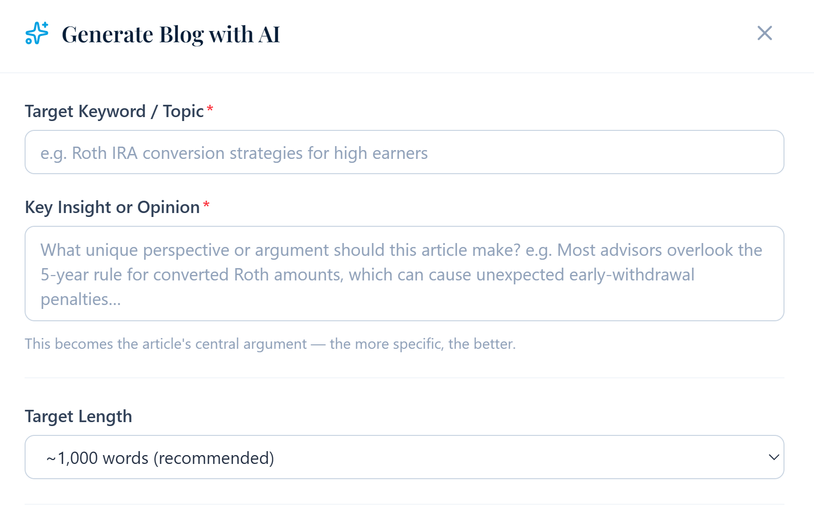 AI blog generation form with topic, key insight, and target length fields