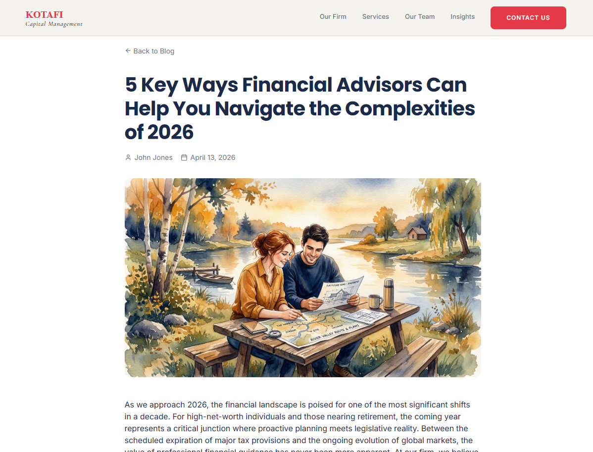 Blog article page showing a financial planning post with featured image, author byline, and article content