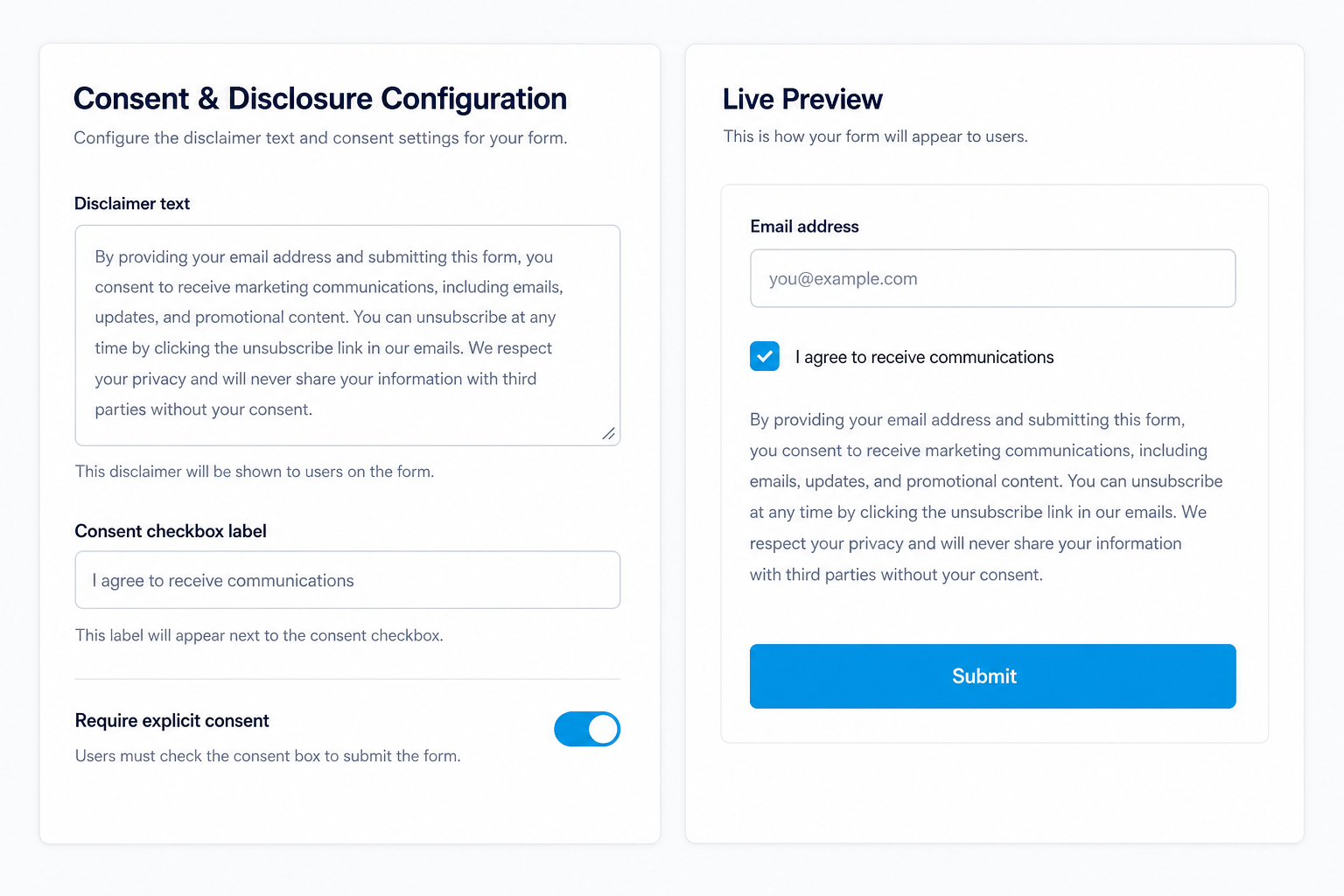 Consent and compliance configuration with disclaimer text, consent checkbox, and live preview