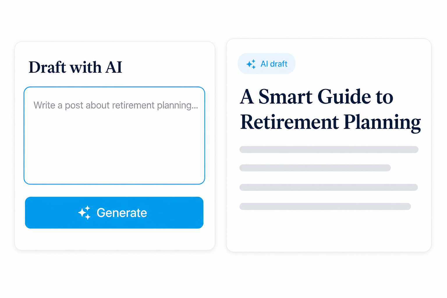 AI-assisted blog drafting interface with prompt input and generated article preview
