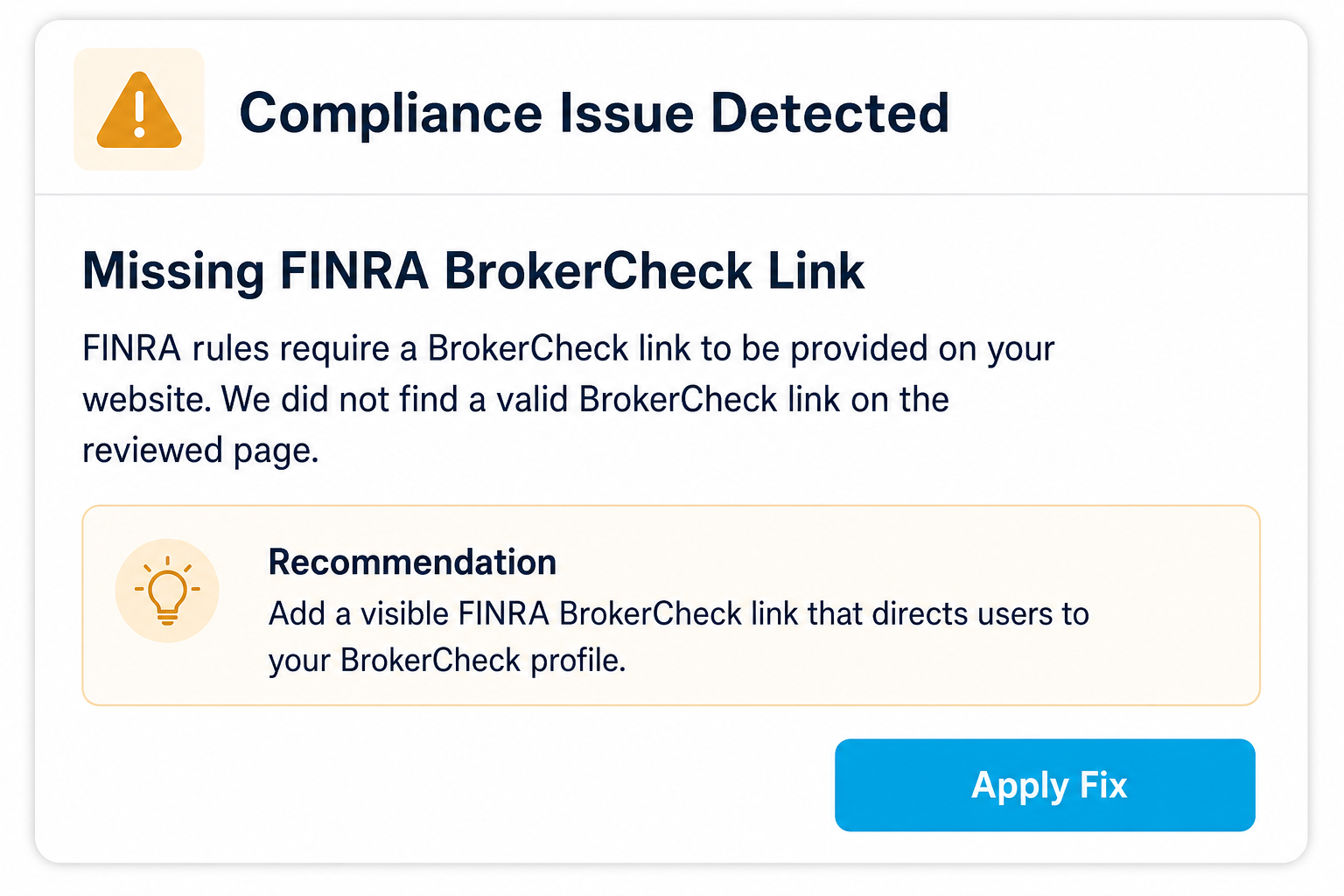 Compliance flag showing missing FINRA BrokerCheck link with recommendation