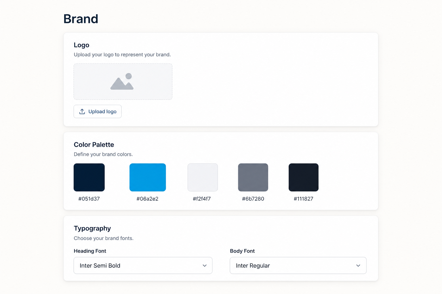 Brand settings panel showing logo, color palette, and typography configuration